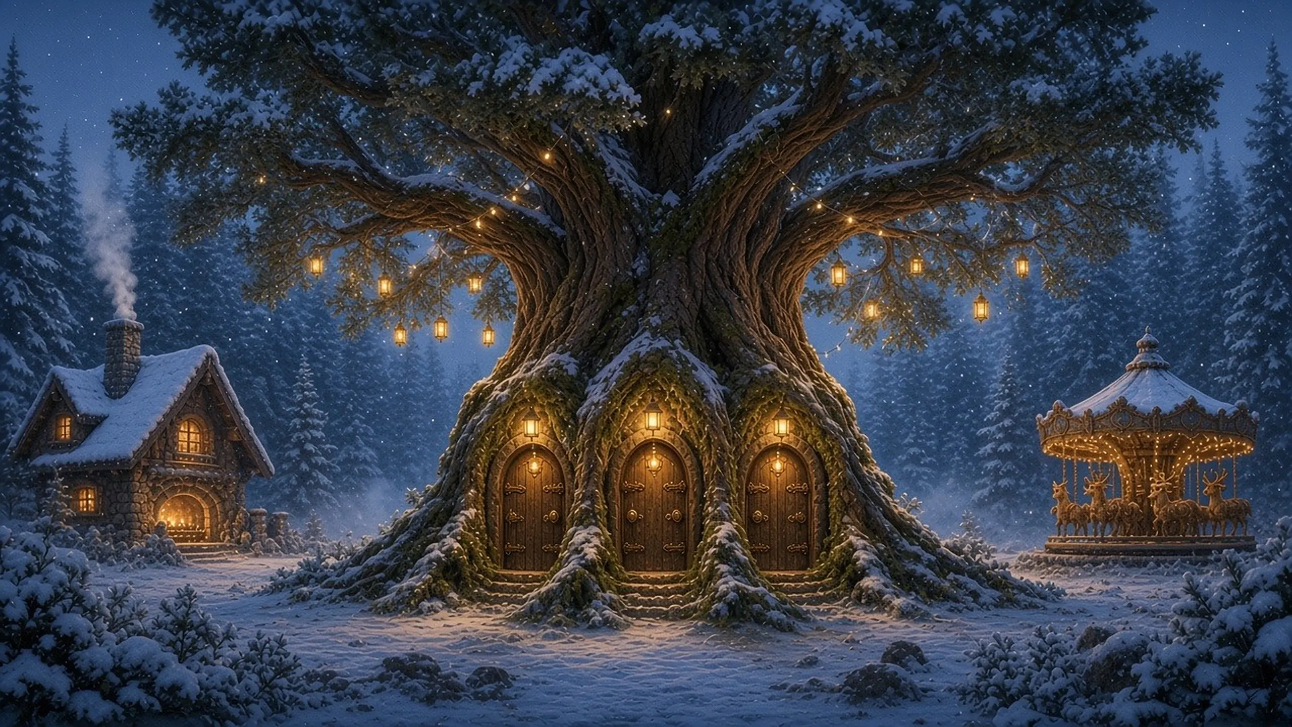 Derselbe uralte Tannenbaum von der anderen Seite mit drei weiteren kleinen Holztüren im Stamm, dahinter Karussell und Chalet.