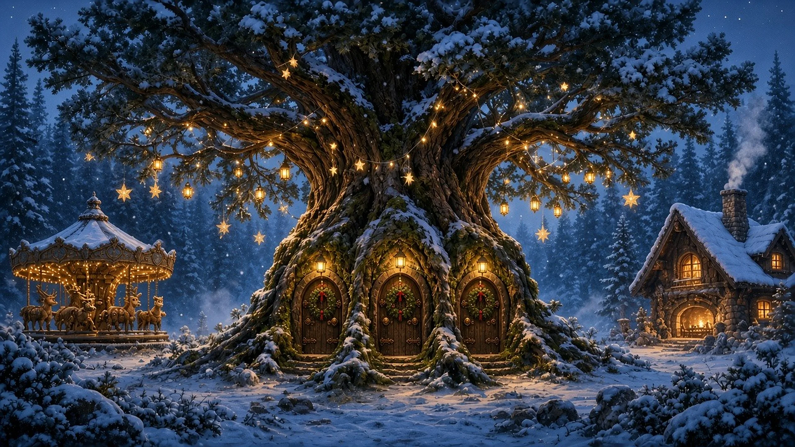 Der uralte Tannenbaum mit kleinen Papiersternen in den Ästen und einem Kranz an jeder der drei Holztüren im Stamm; links ein Karussell, rechts ein Chalet.