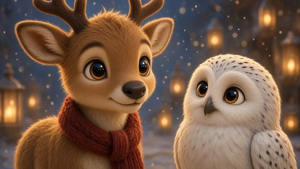 Pip, das kleine Rentier mit rotem Schal, und Mo, die Schneeeule